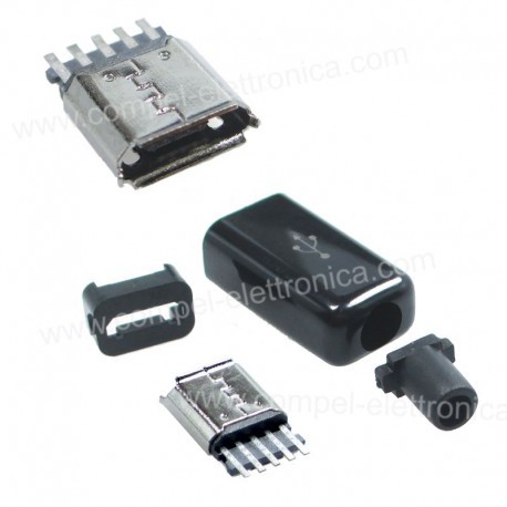 PRESA MICRO USB (B) 5 PIN DA SALDARE SU CAVO CON GUSCIO NERO