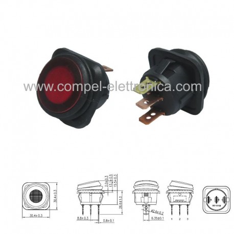 INTERRUTTORE UNIPOLARE 12VDC 25A 2 POS. OFF-ON LUMINOSO ROSSO IP65