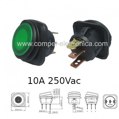 INTERRUTTORE UNIPOLARE 12VDC 25A OFF-ON LUMINOSO LED VERDE IP65 30X30MM