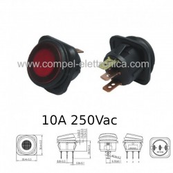 INTERRUTTORE UNIPOLARE 250VAC 10A OFF-ON LUMINOSO ROSSO IP65 30X30MM