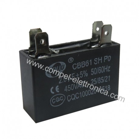 CONDENSATORI 2UF 450Vac IN BOX PER AVVIAMENTO MOTORI 4 FASTON