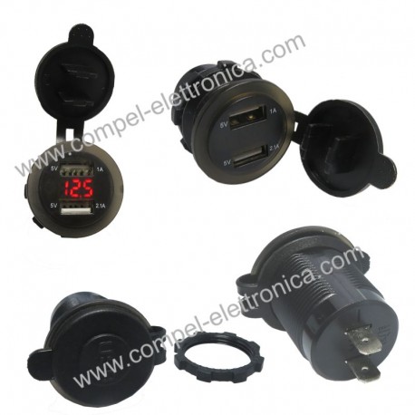 PRESA 2xUSB 5V 2,1A 12V/24V DA PANNELLO CON DISPLAY TAPPO CHIUSURA IP66