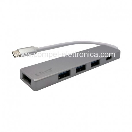 HUB USB 3.0 4 PORTE COMPATTO 77X40MM SLIM CON CAVO USB-C LUNGO 10MM NERO